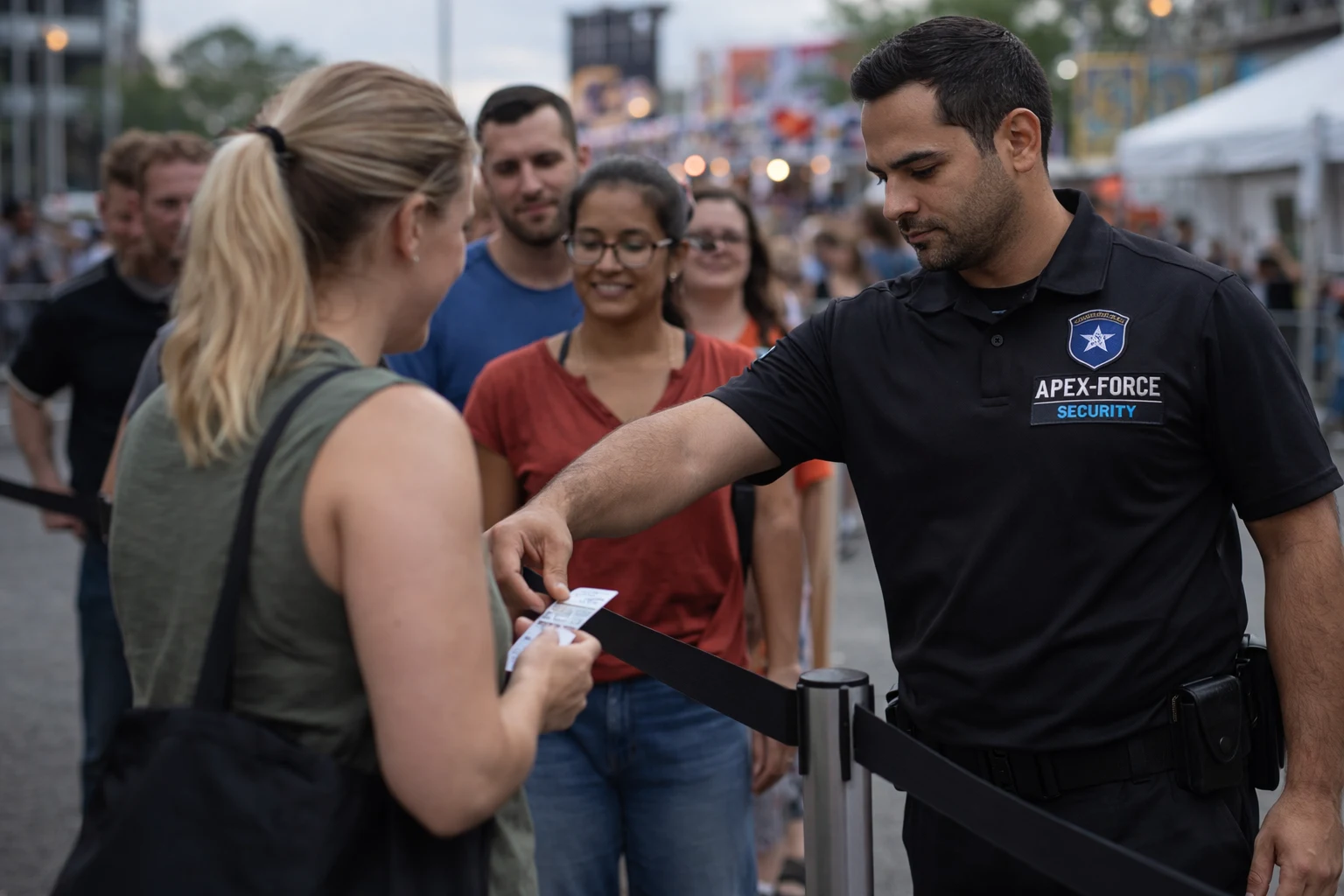 Security professional managing entry at an outdoor event