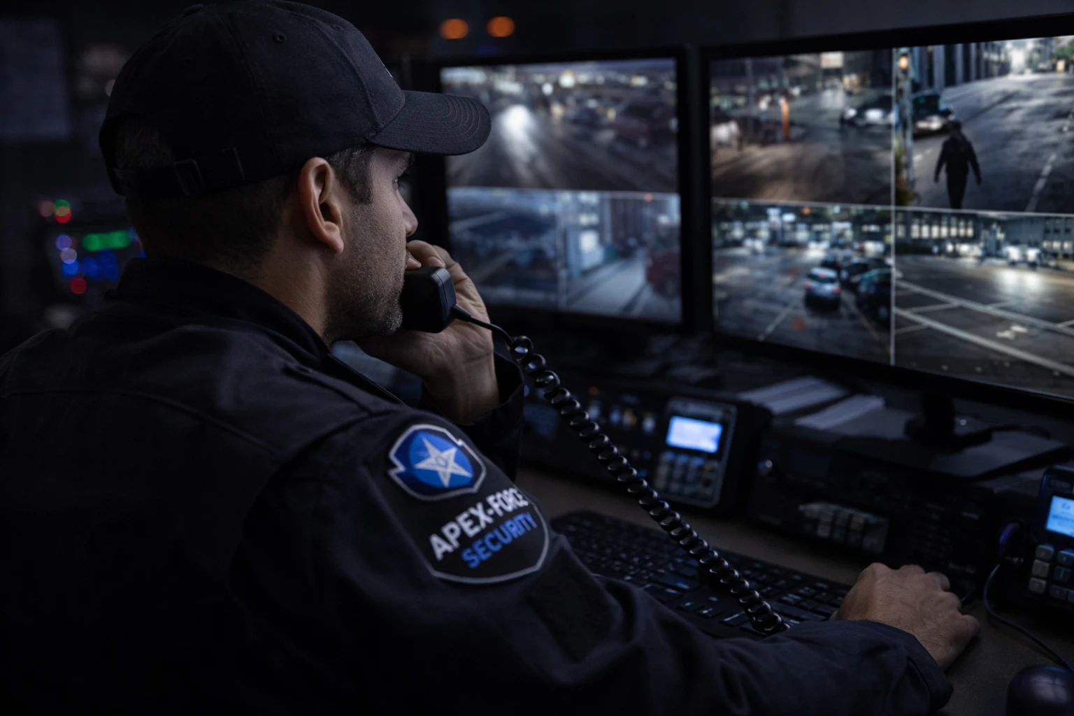 Security professional viewing CCTV camera feeds