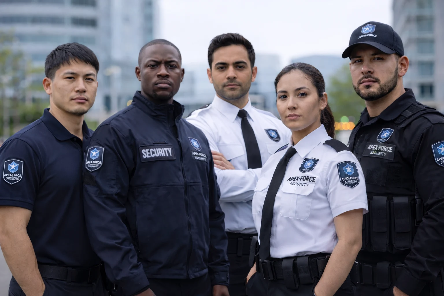 Security professionals in a range of uniforms