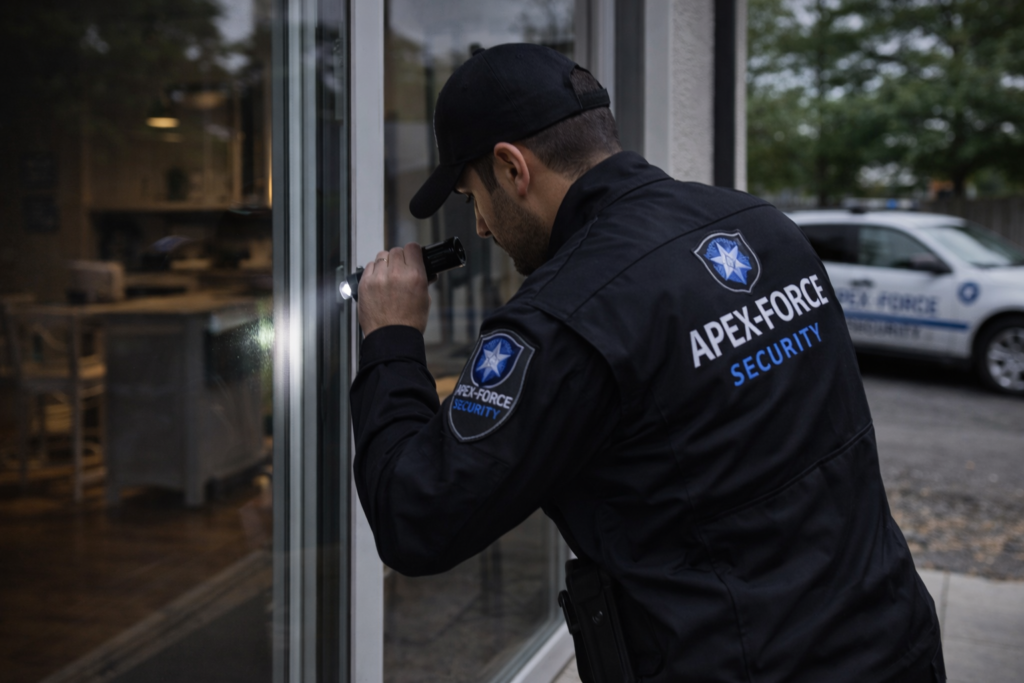 ecurity professional checking a residential entrance.