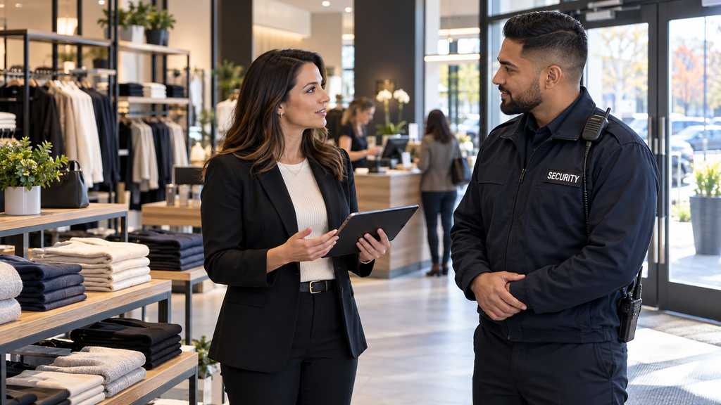 Security professional discussing store procedures with a retail manager.