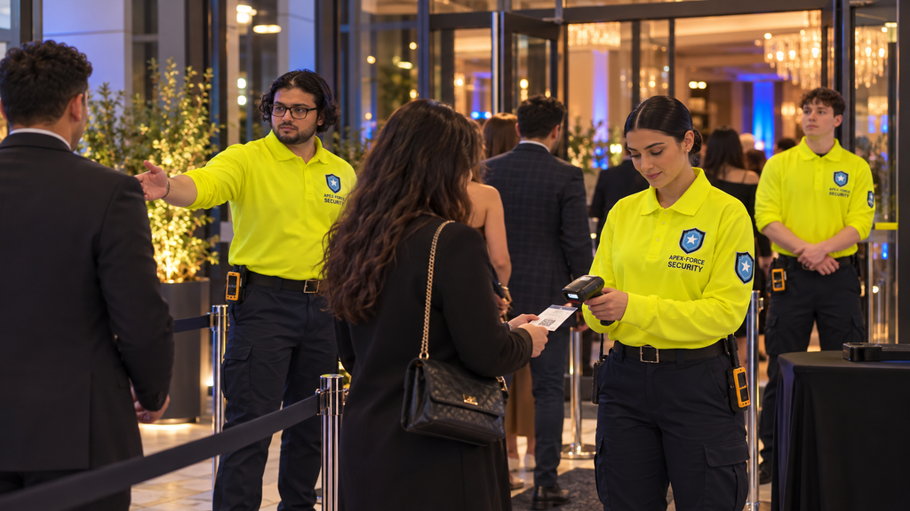 Security personnel managing guest entry at an indoor event venue.