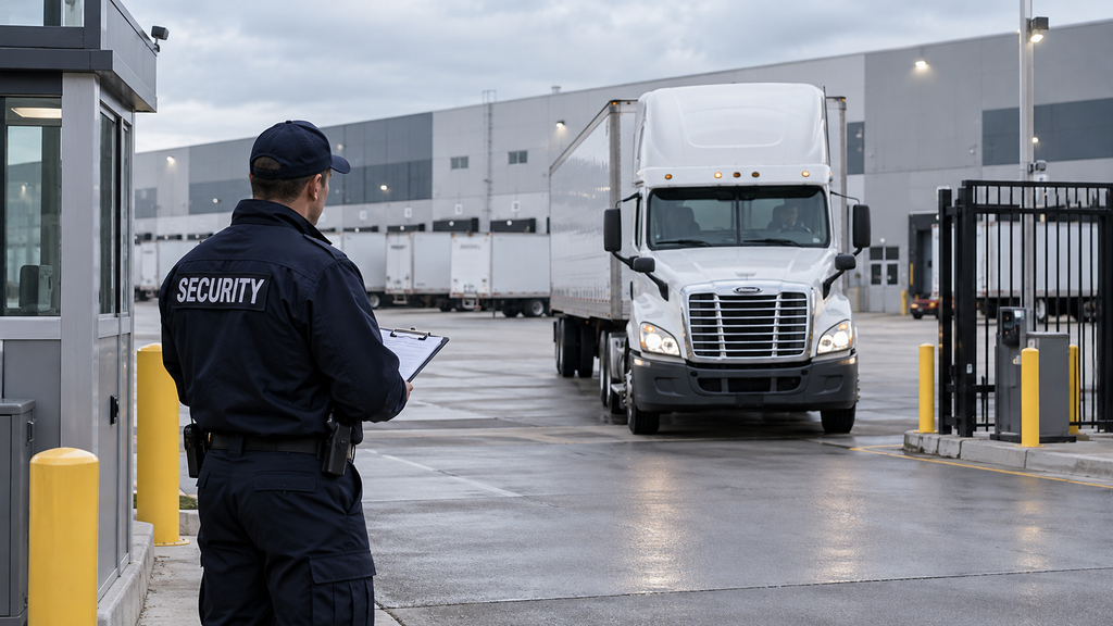 Security guard checking truck access at a warehouse entrance.